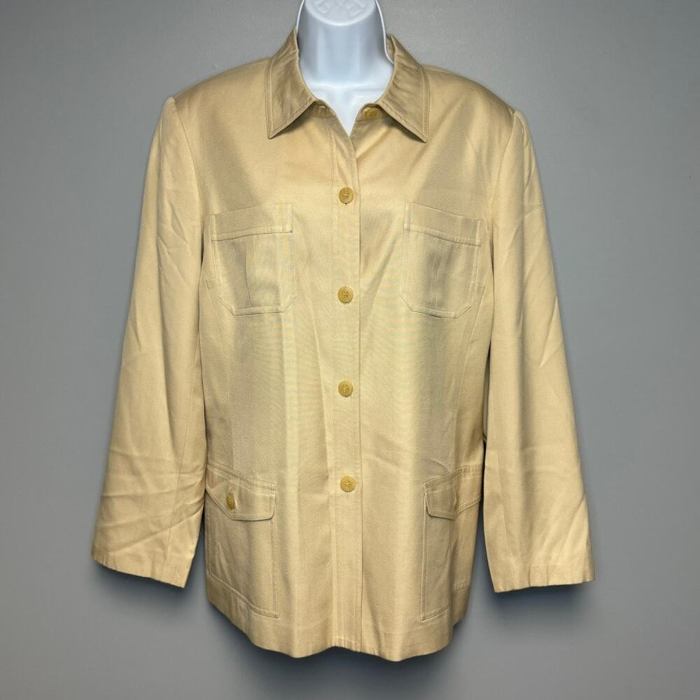 Talbots 100% Silk‎ Minimalist Neutral Tan Button Up Blazer Jacket Womens Sz 12